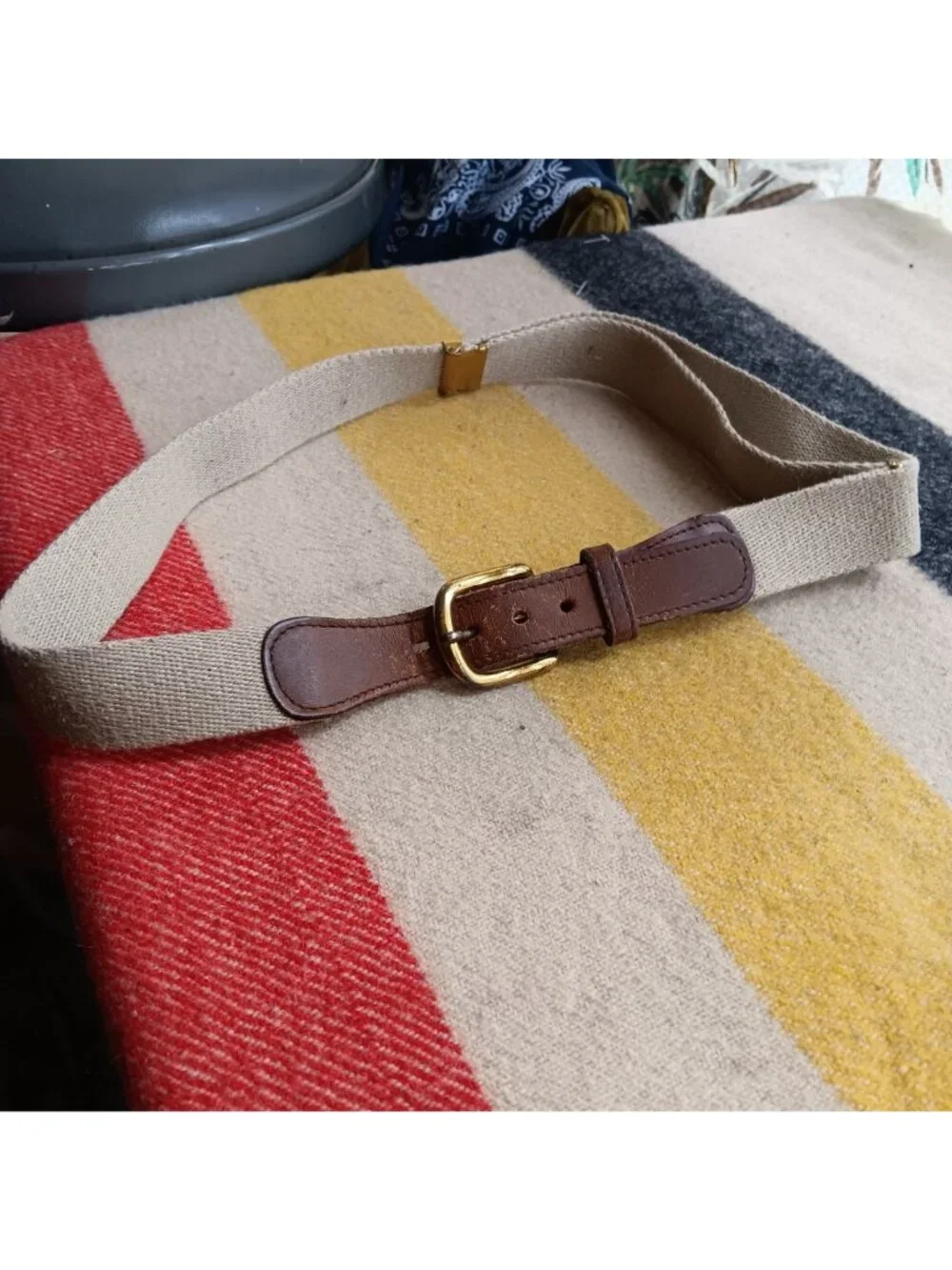 True Vintage Medium to Large Brown Leather Canvas Belt Brass Buckle Adjustable